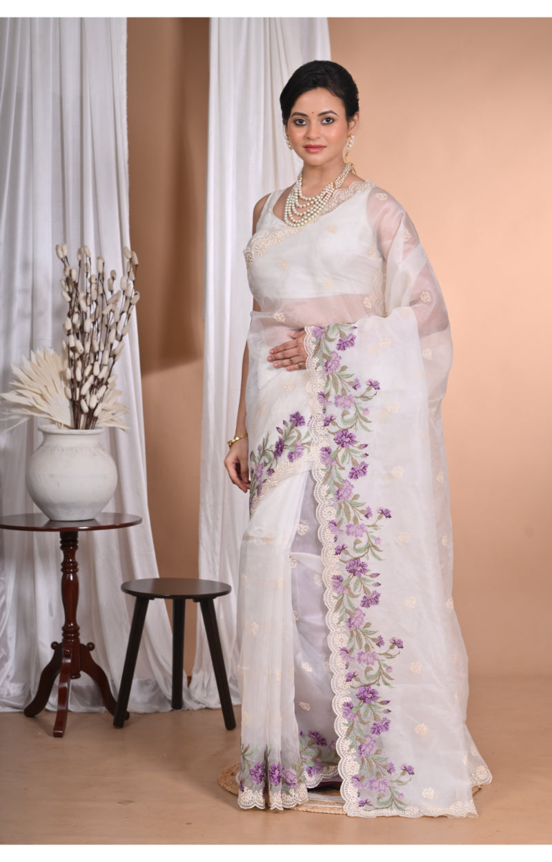Morchari Pure Orzanga Tread Work Saree-Off White