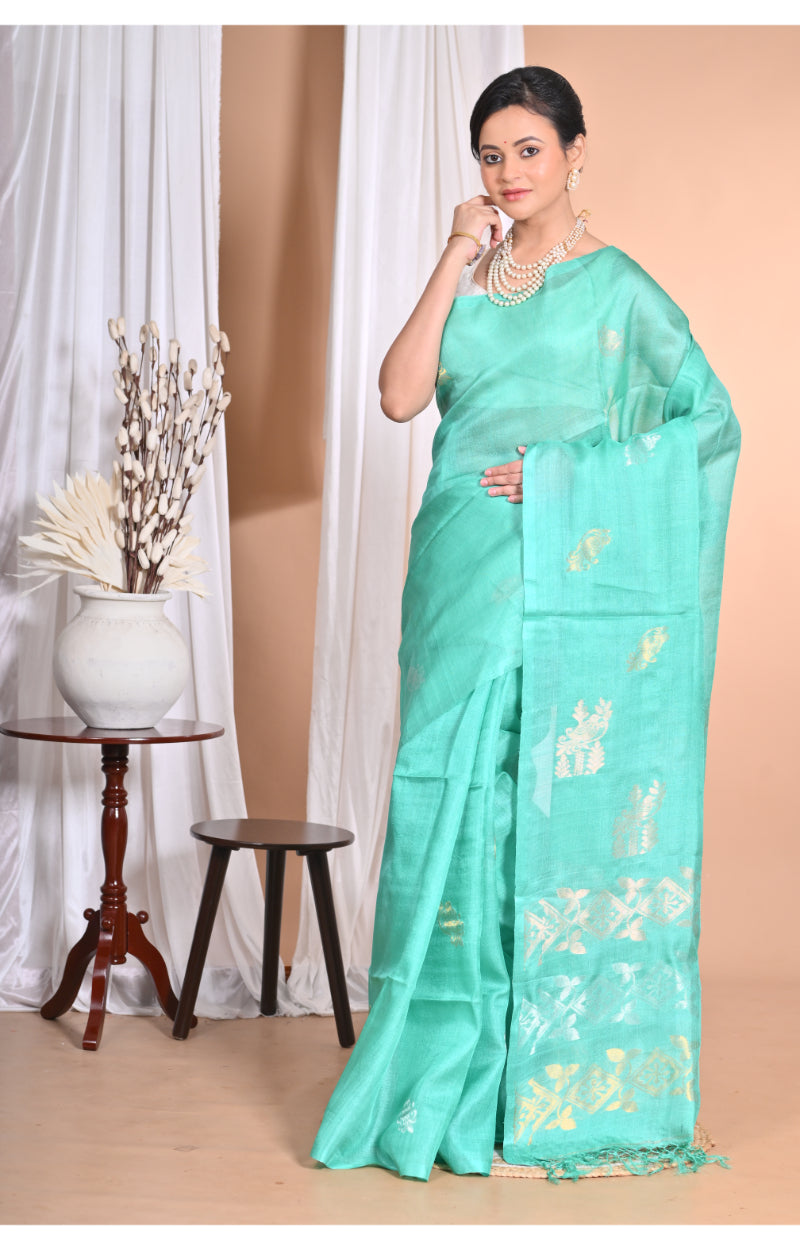 Morchari Pure Tussar Silk Handloom Saree-Green
