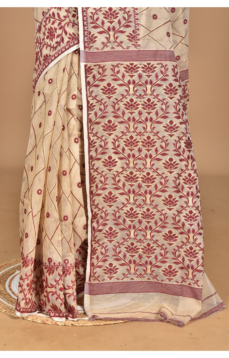 Morchari Pure Cotton Dhakai Jamdani Handloom Saree-Beige