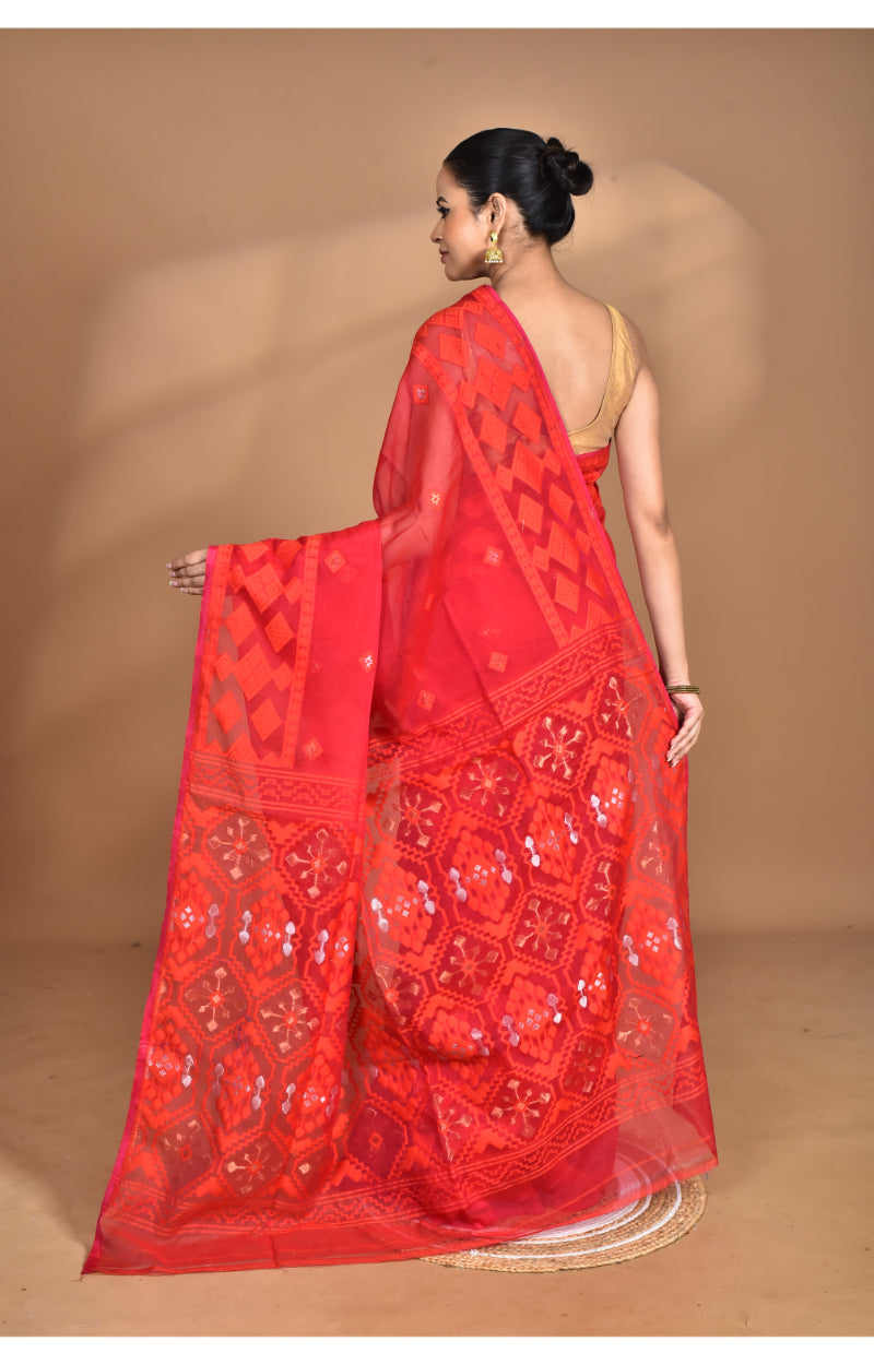 Morchari Pure Cotton Dhakai Jamdani Handloom Saree-Red