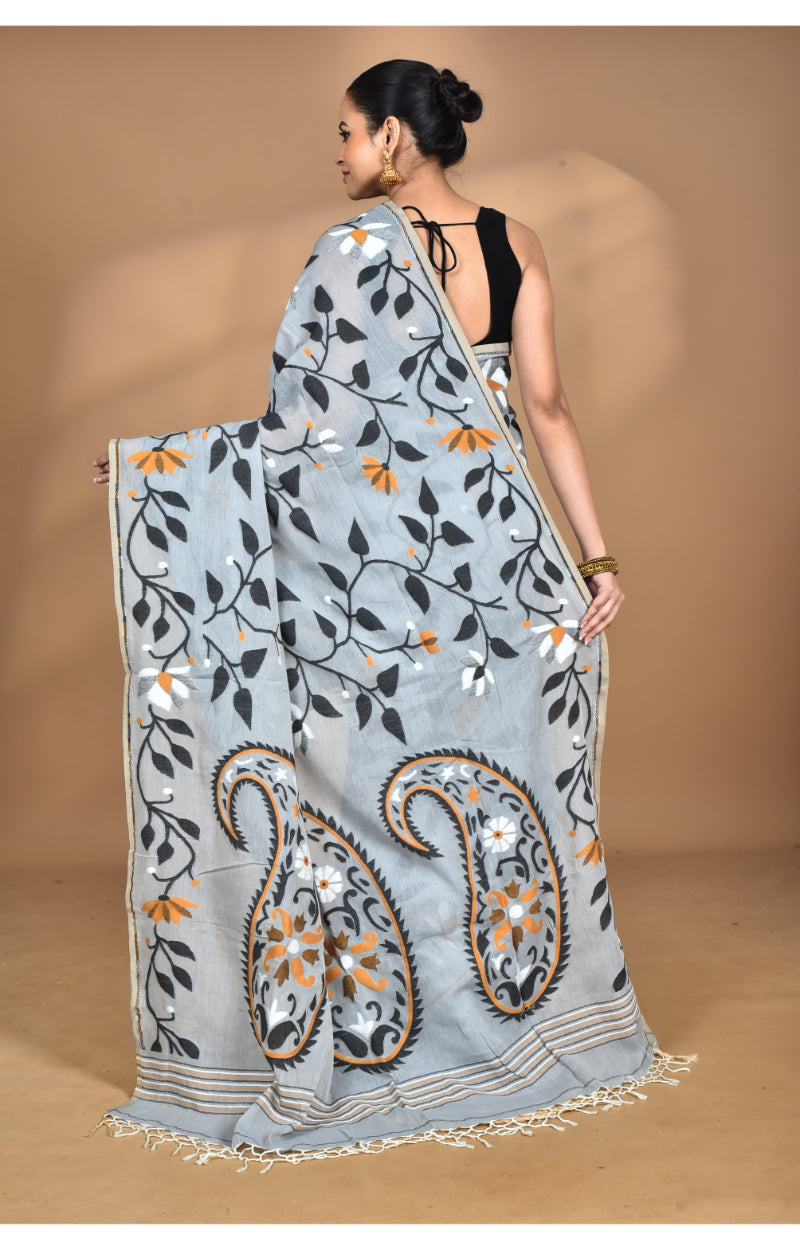 Morchari Pure Cotton Dhakai Jamdani Handloom Saree-Grey