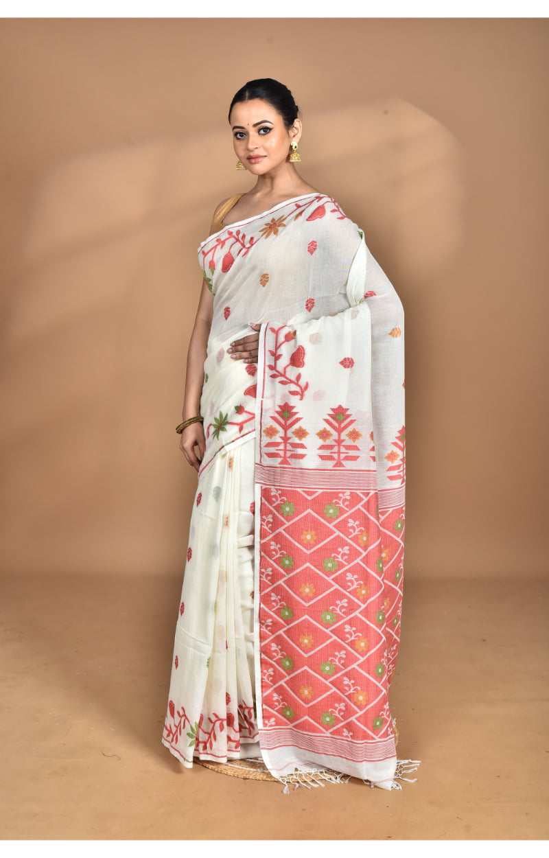 Morchari Pure Cotton Dhakai Jamdani Handloom Saree-Off White