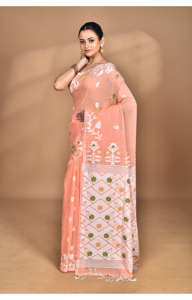 Morchari Pure Cotton Dhakai Jamdani Handloom Saree-Peach