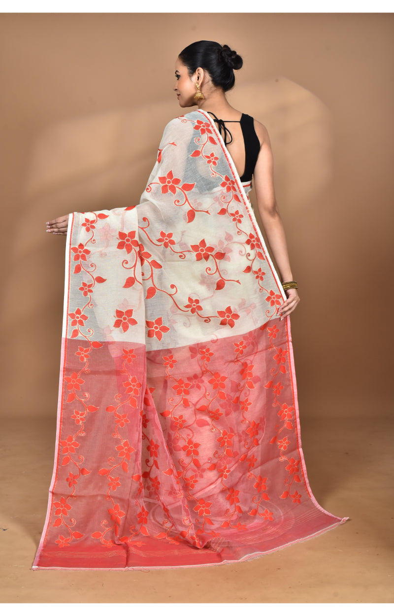 Morchari Pure Cotton Dhakai Jamdani Handloom Saree-Off White