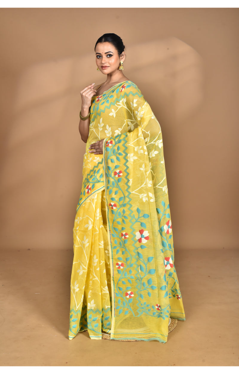 Morchari Pure Cotton Dhakai Jamdani Handloom Saree-Yellow