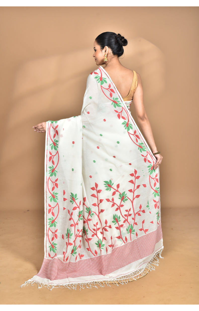Morchari Pure Cotton Dhakai Jamdani Handloom Saree-Off White
