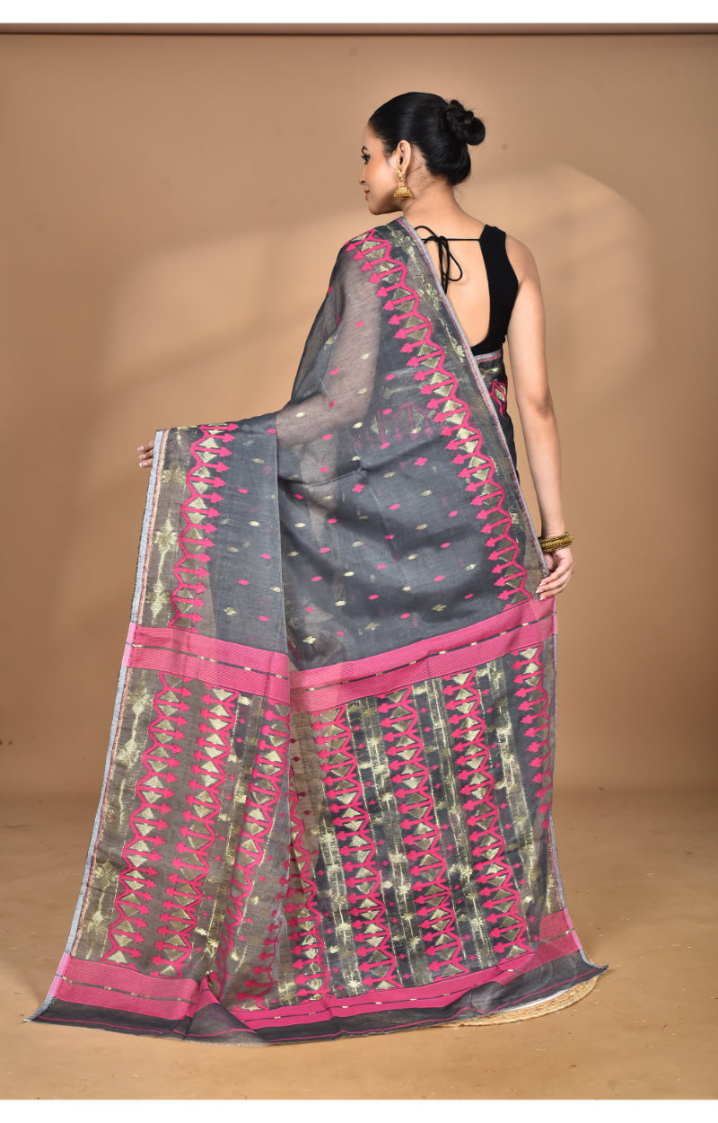 Morchari Pure Cotton Dhakai Jamdani Handloom Saree-Grey