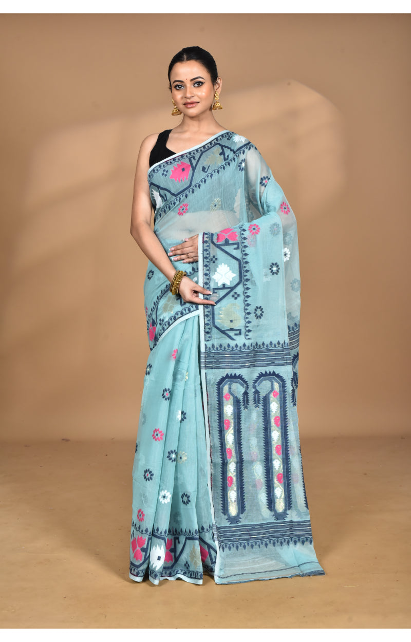 Morchari Pure Cotton Dhakai Jamdani Handloom Saree-Blue