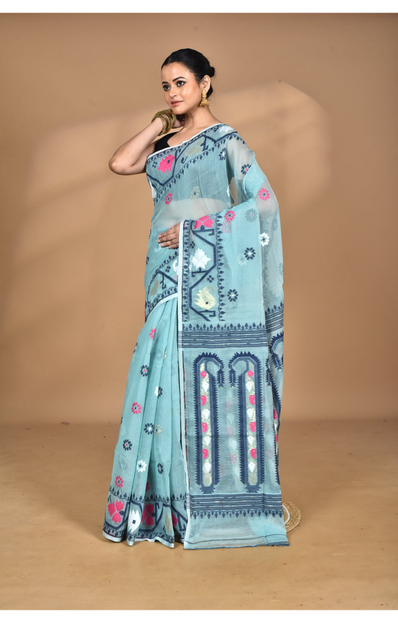 Morchari Pure Cotton Dhakai Jamdani Handloom Saree-Blue