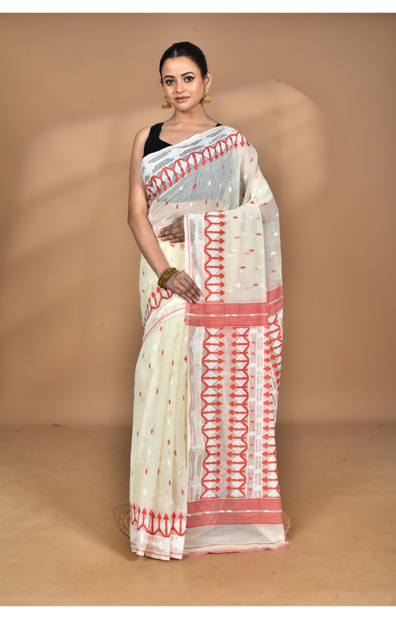 Morchari Pure Cotton Dhakai Jamdani Handloom Saree-Cream