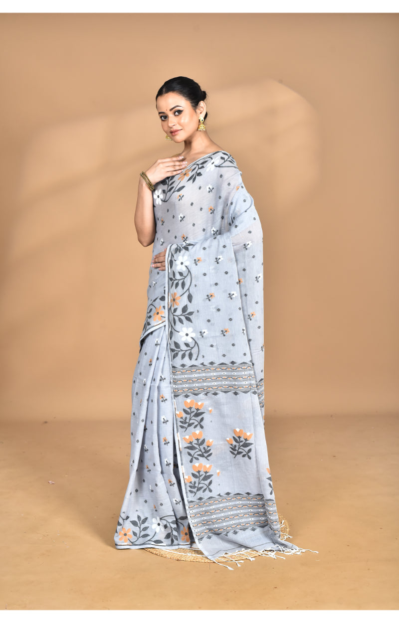 Morchari Pure Cotton Dhakai Jamdani Handloom Saree-Grey