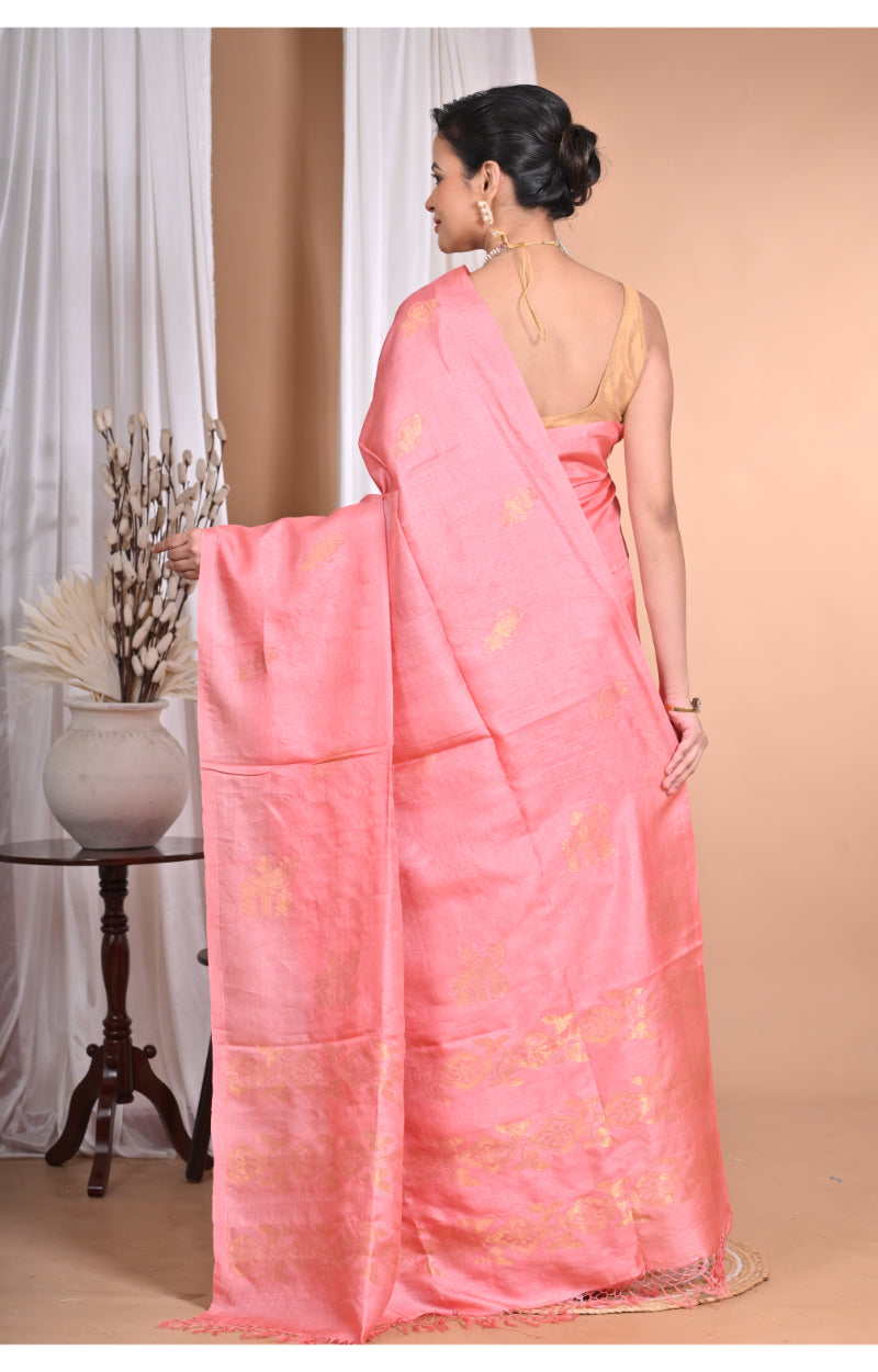 Morchari Pure Tussar Silk Handloom Saree-Pink