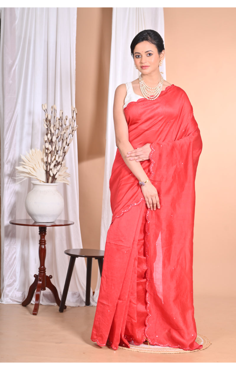 Morchari Pure Chandari Mirror Work Saree-Red