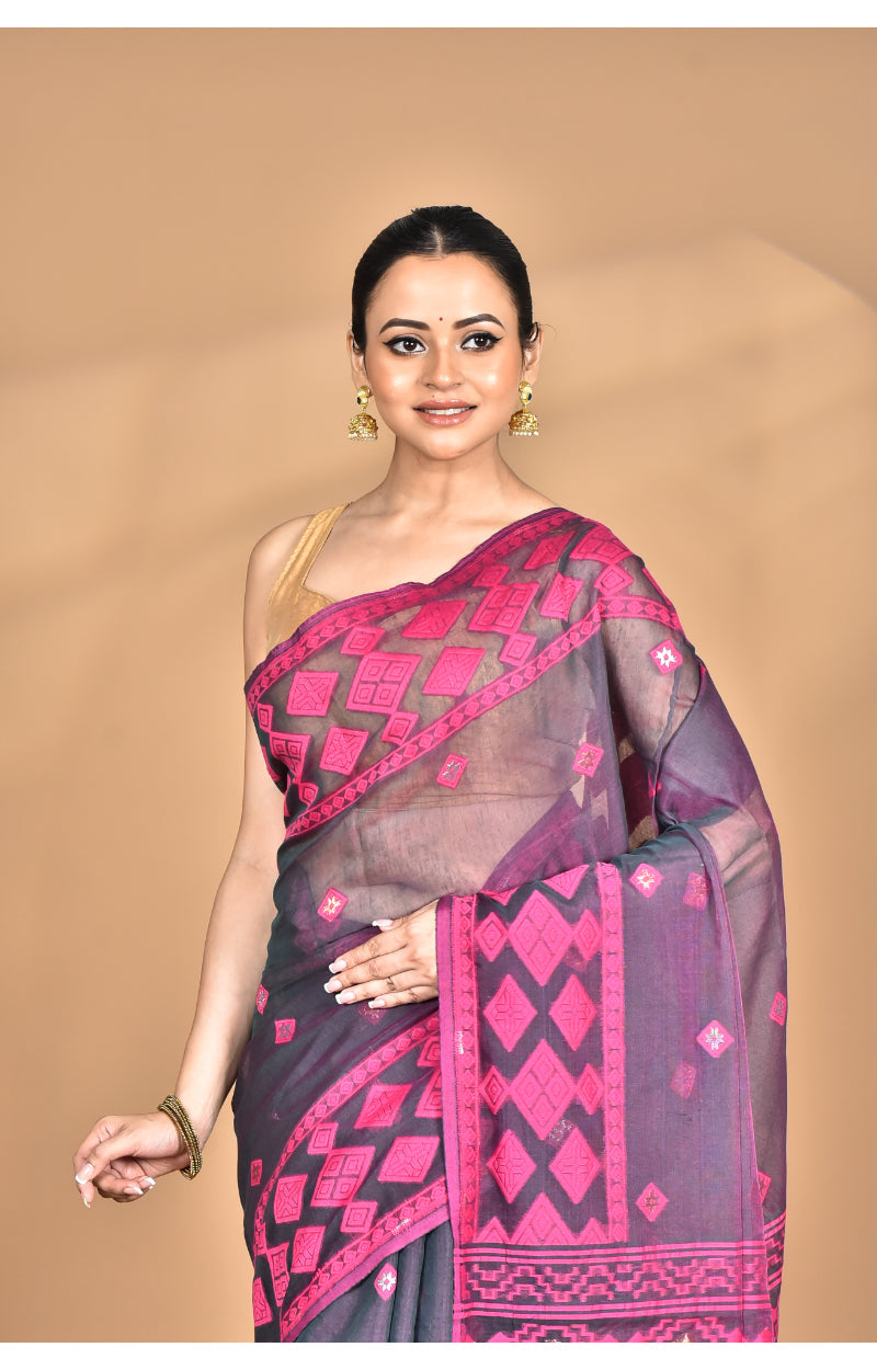 Morchari Pure Cotton Dhakai Jamdani Handloom Saree-Magenta