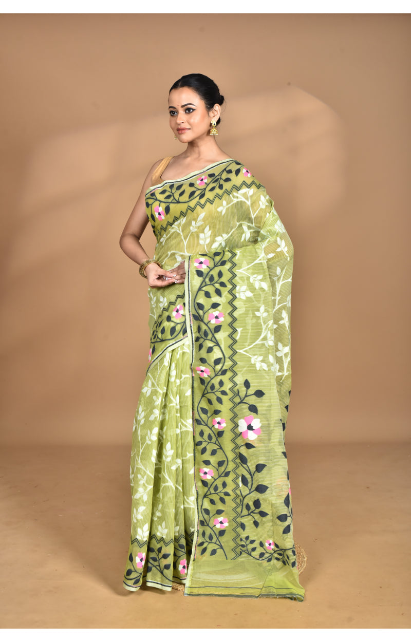 Morchari Pure Cotton Dhakai Jamdani Handloom Saree-Green