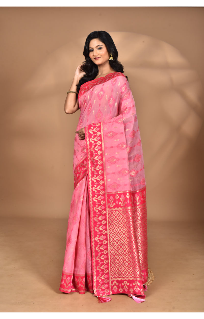 Morchari Women Desgin Kashmiri Silk Linen Saree-Pink