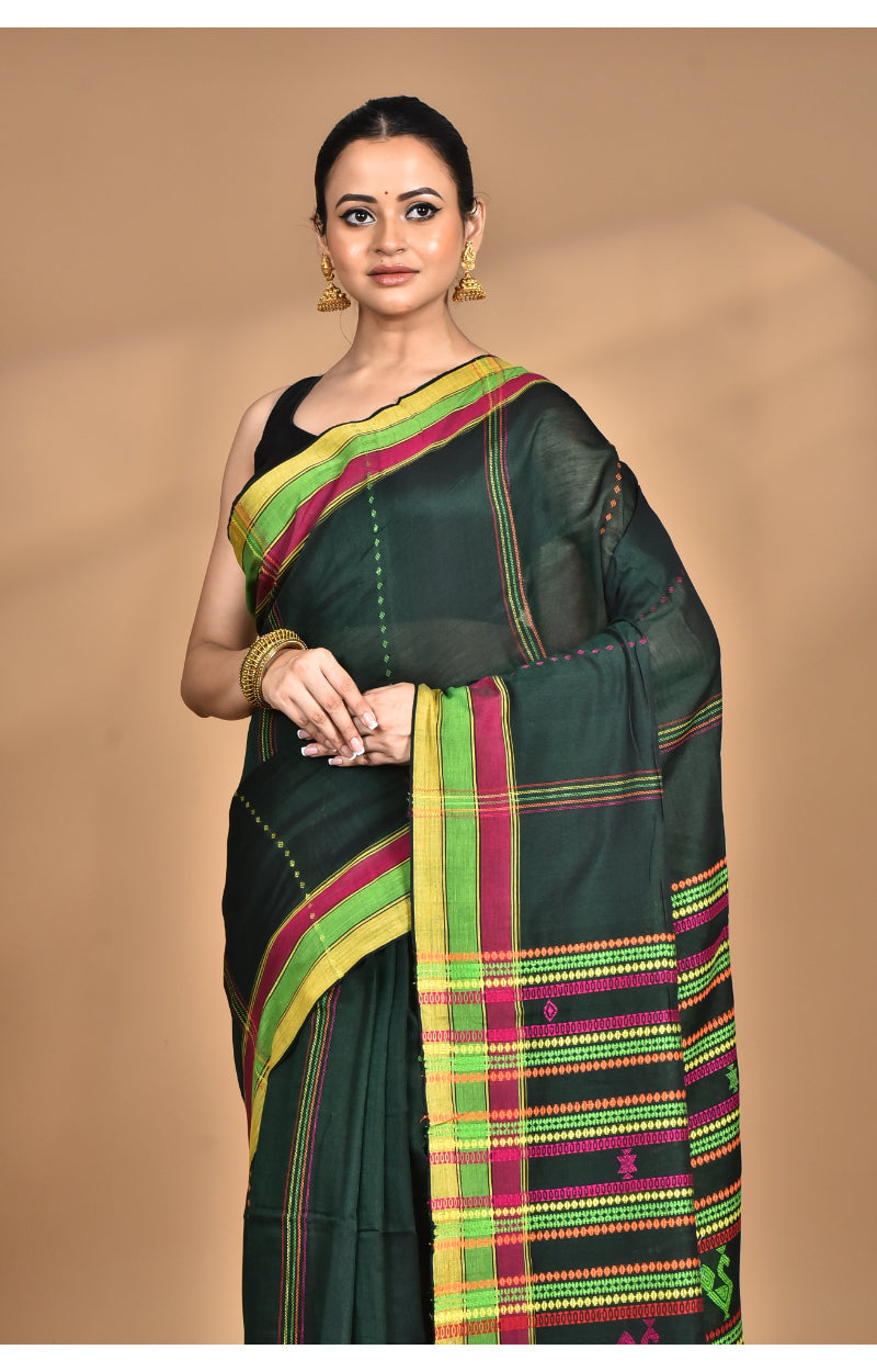 Morchari Pure Cotton Dhakai Jamdani Handloom Saree-Green