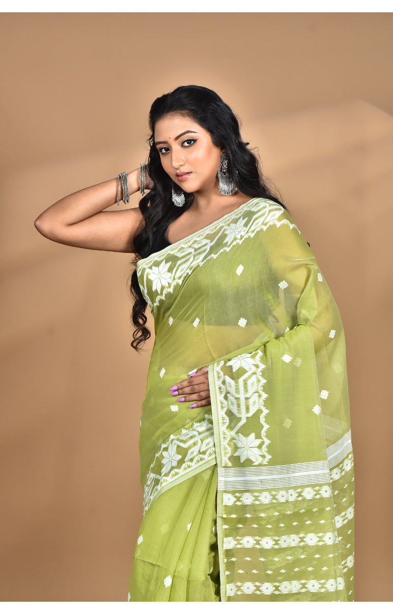 Morchari Pure Cotton Dhakai Jamdani Handloom Saree-Green