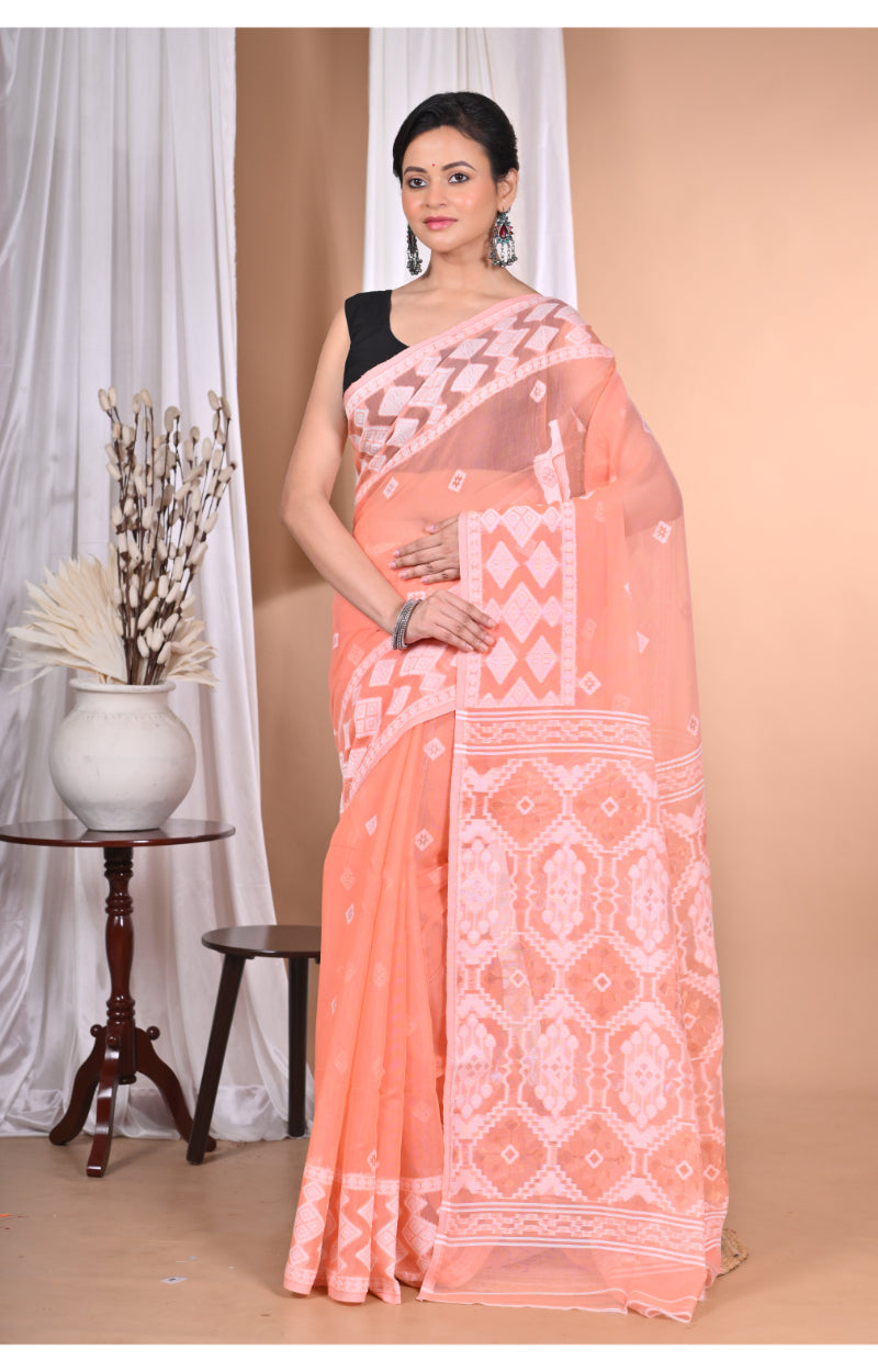 Morchari Pure Cotton Dhakai Jamdani Handloom Saree-Peach