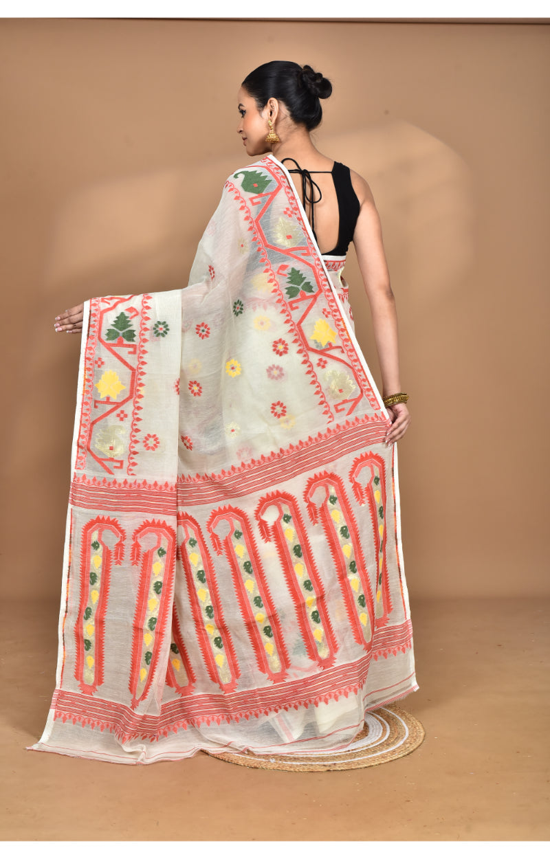 Morchari Pure Cotton Dhakai Jamdani Handloom Saree-Cream
