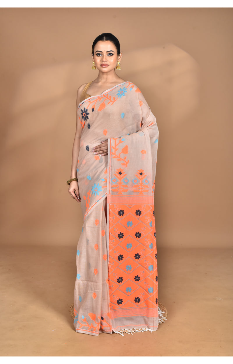 Morchari Pure Cotton Dhakai Jamdani Handloom Saree-Beige