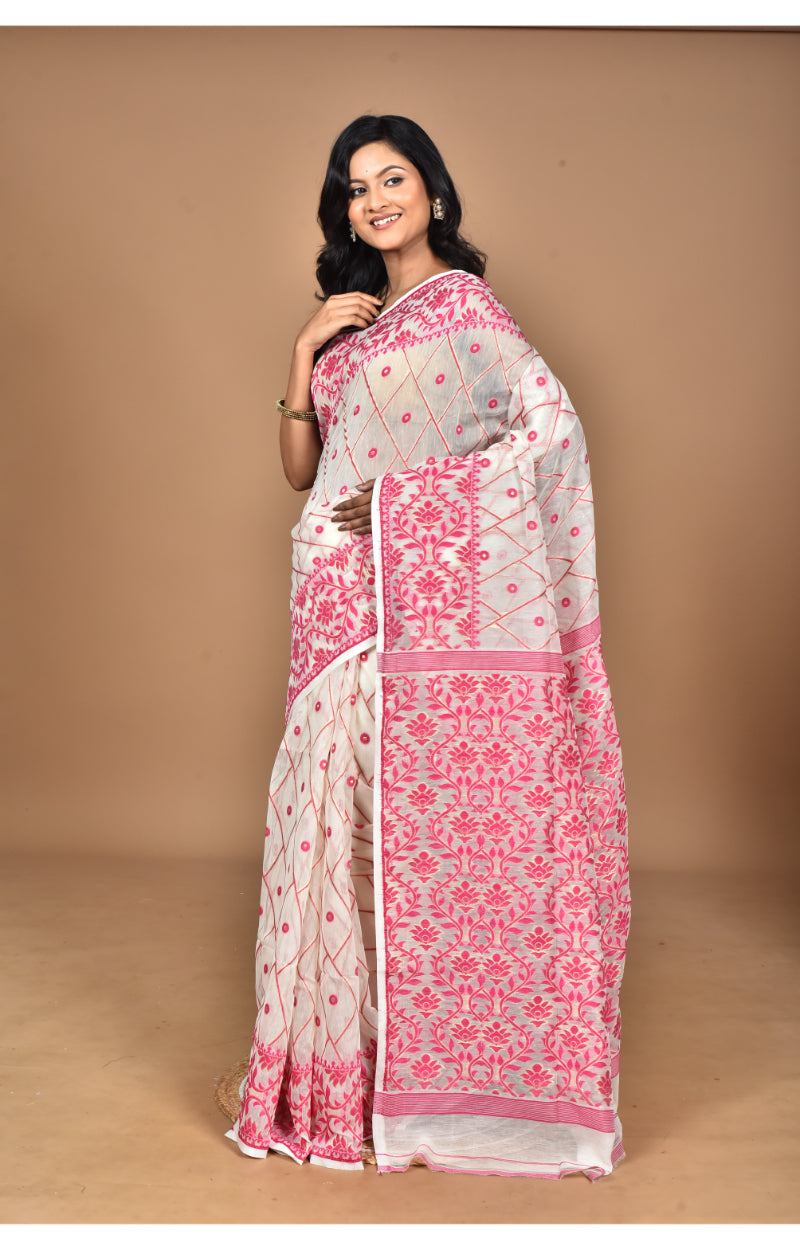Morchari Pure Cotton Dhakai Jamdani Handloom Saree-Off White
