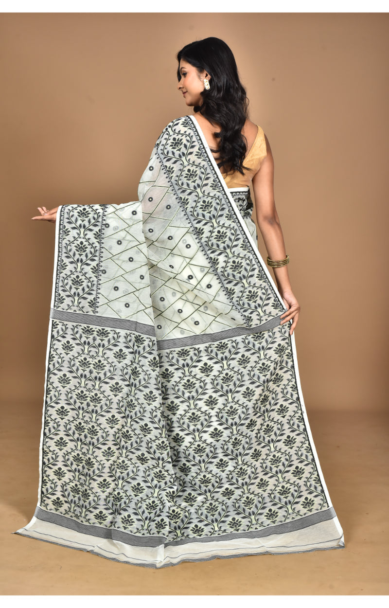 Morchari Pure Cotton Dhakai Jamdani Handloom Saree-Cream