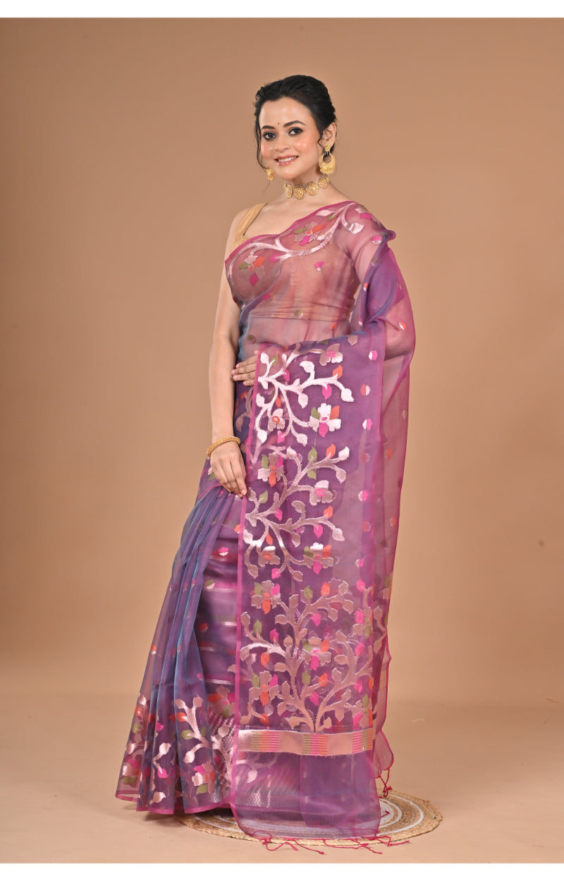 Morchari Semi Orzanga Jamdani Silk Saree-Wine