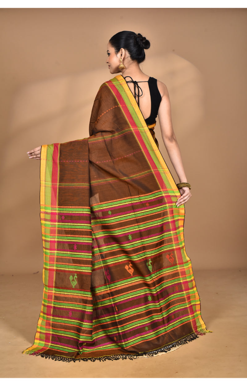 Morchari Pure Cotton Dhakai Jamdani Handloom Saree-Brown