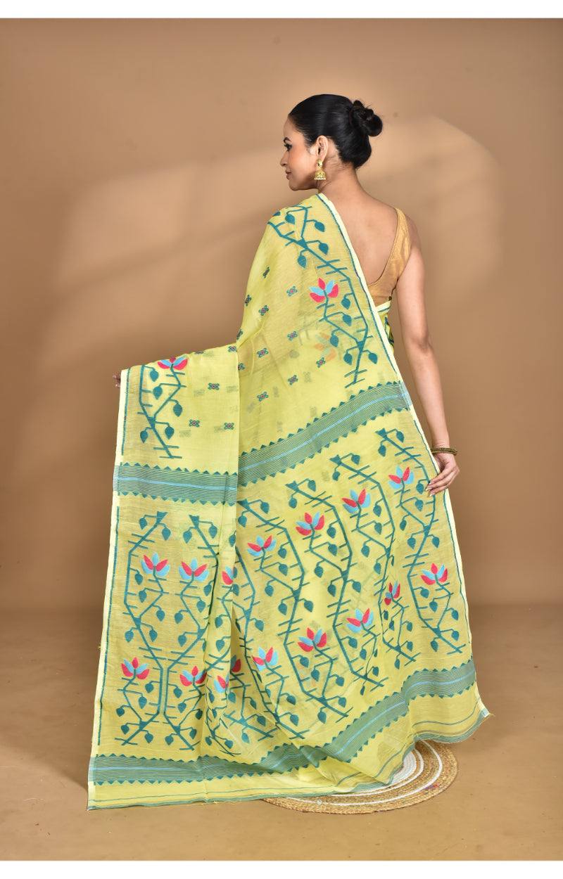 Morchari Pure Cotton Dhakai Jamdani Handloom Saree-Yellow