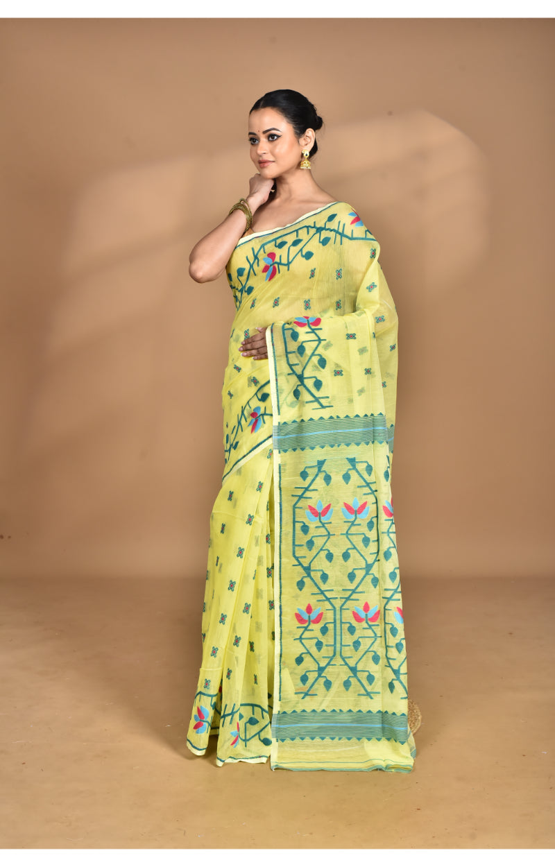 Morchari Pure Cotton Dhakai Jamdani Handloom Saree-Yellow