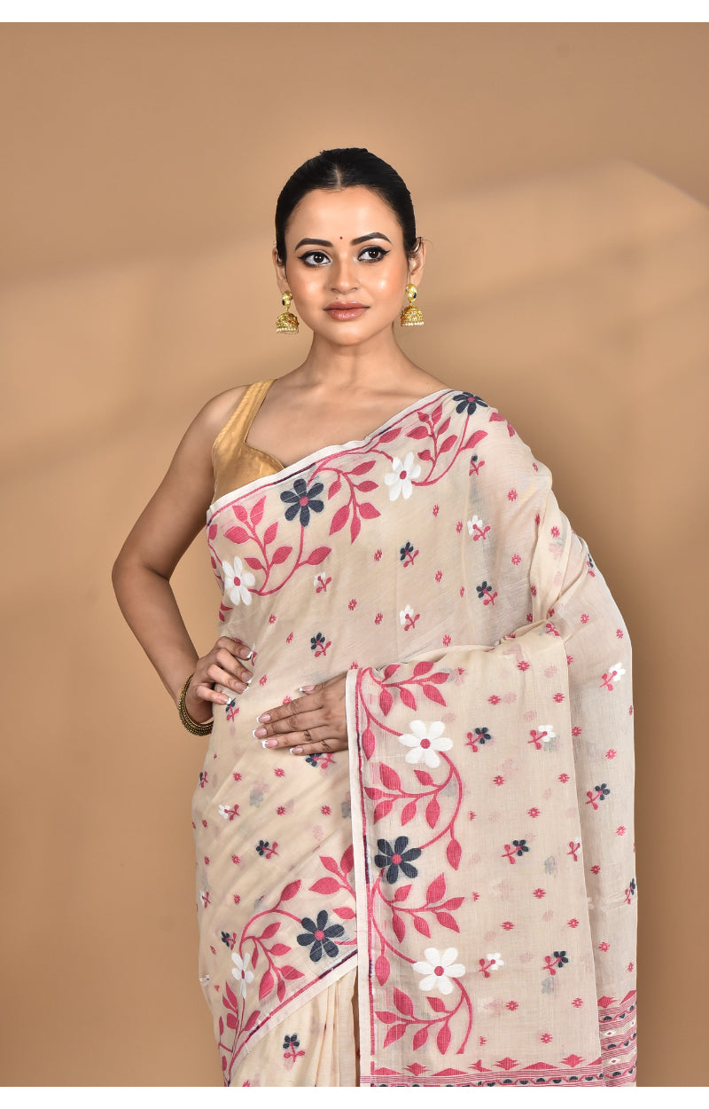 Morchari Pure Cotton Dhakai Jamdani Handloom Saree-Beige
