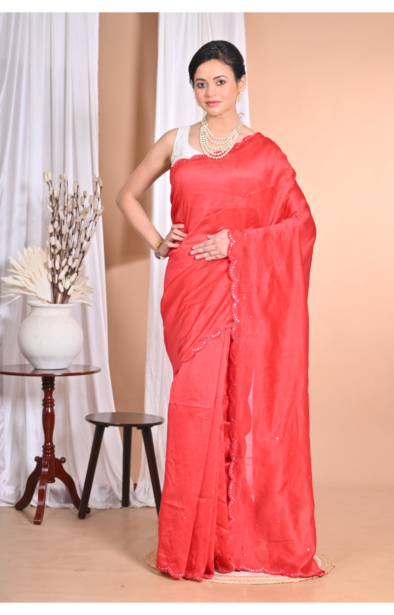 Morchari Pure Chandari Mirror Work Saree-Red
