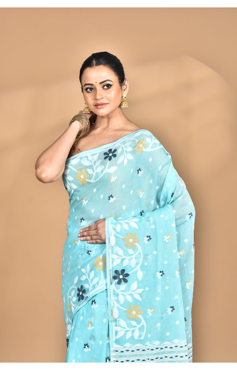 Morchari Pure Cotton Dhakai Jamdani Handloom Saree-Blue