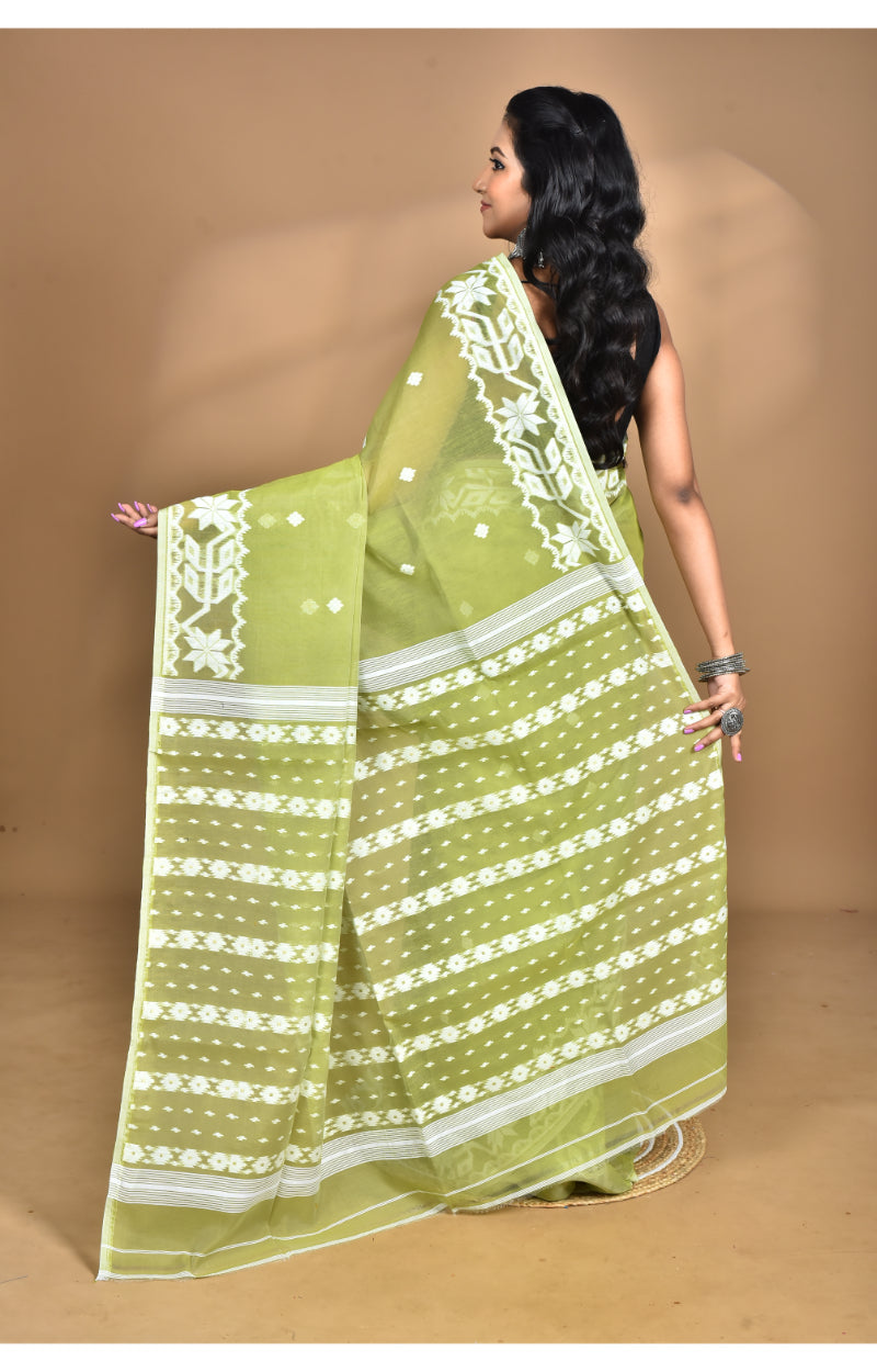Morchari Pure Cotton Dhakai Jamdani Handloom Saree-Green