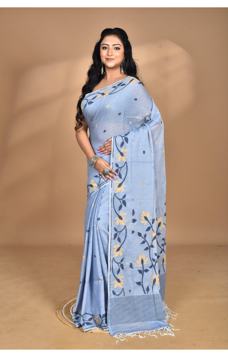 Morchari Pure Cotton Dhakai Jamdani Handloom Saree-Grey