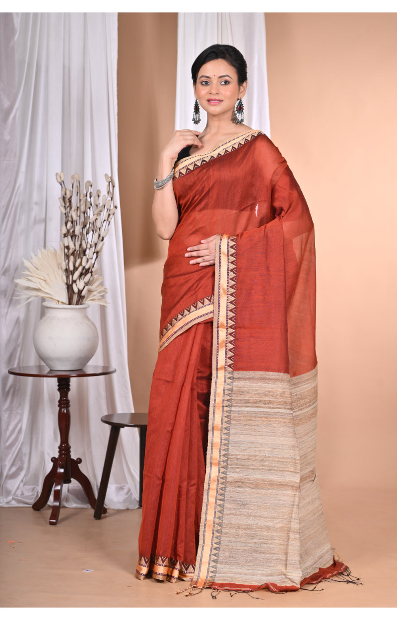 Morchari Pure Cotton Dhakai Jamdani Handloom Saree-Brown