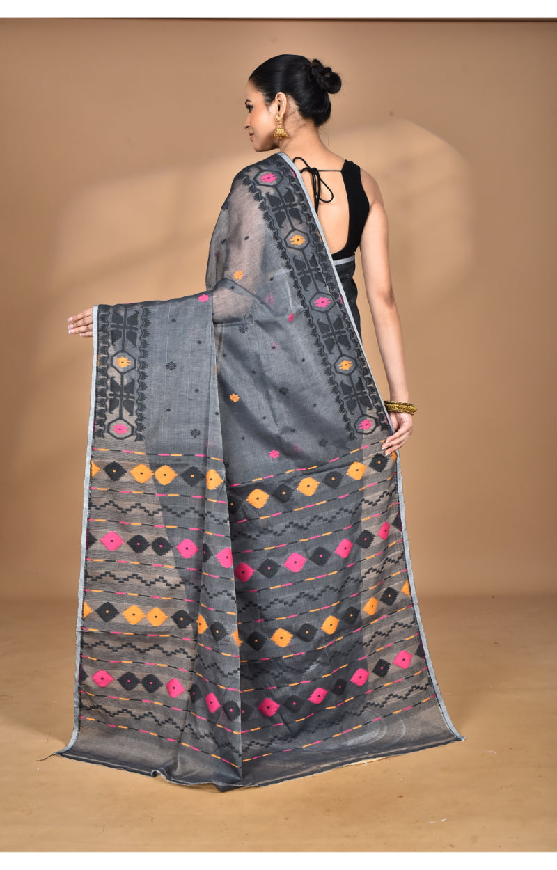 Morchari Pure Cotton Dhakai Jamdani Handloom Saree-Grey