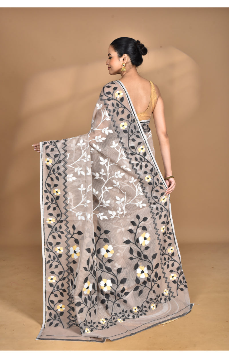 Morchari Pure Cotton Dhakai Jamdani Handloom Saree-Beige