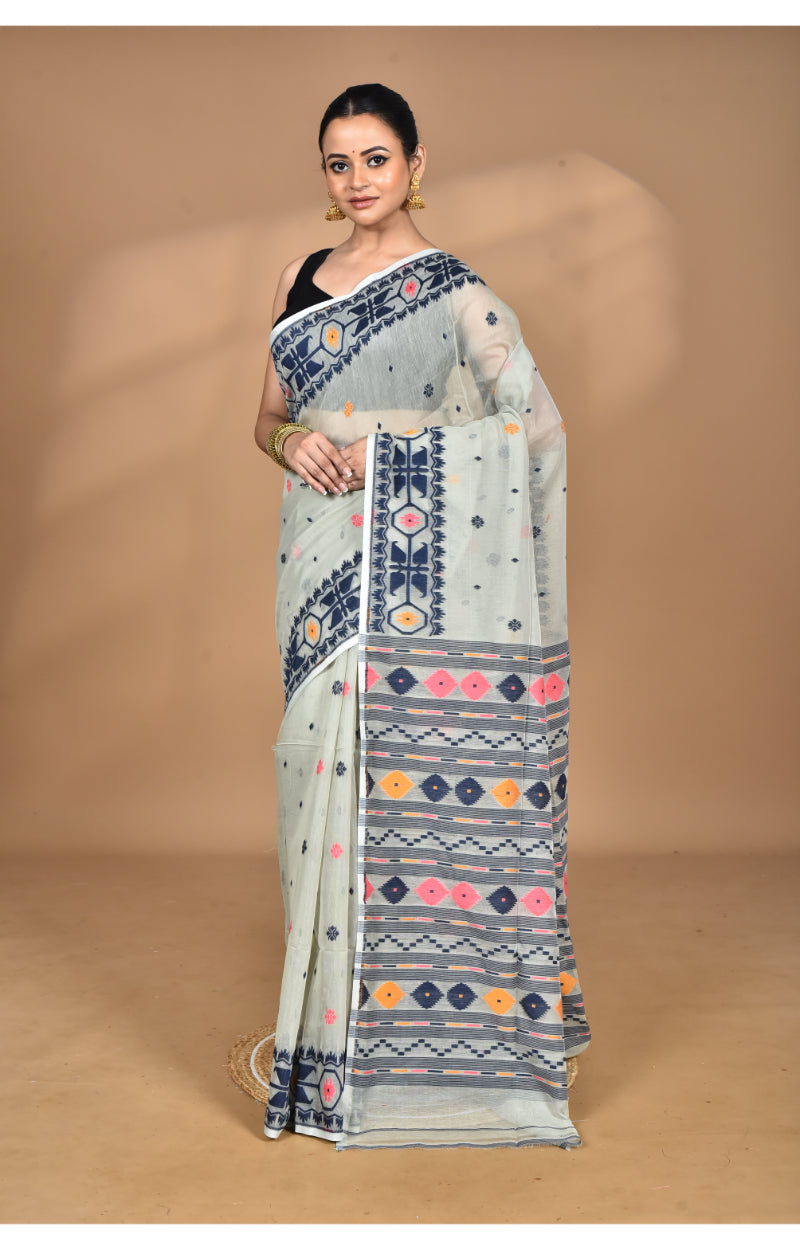 Morchari Pure Cotton Dhakai Jamdani Handloom Saree-Grey