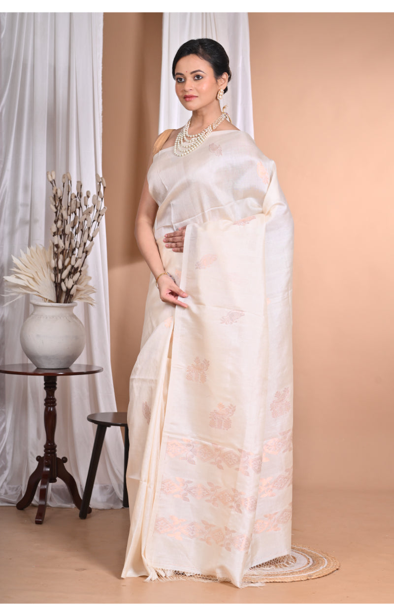 Morchari Pure Tussar Silk Handloom Saree-Cream