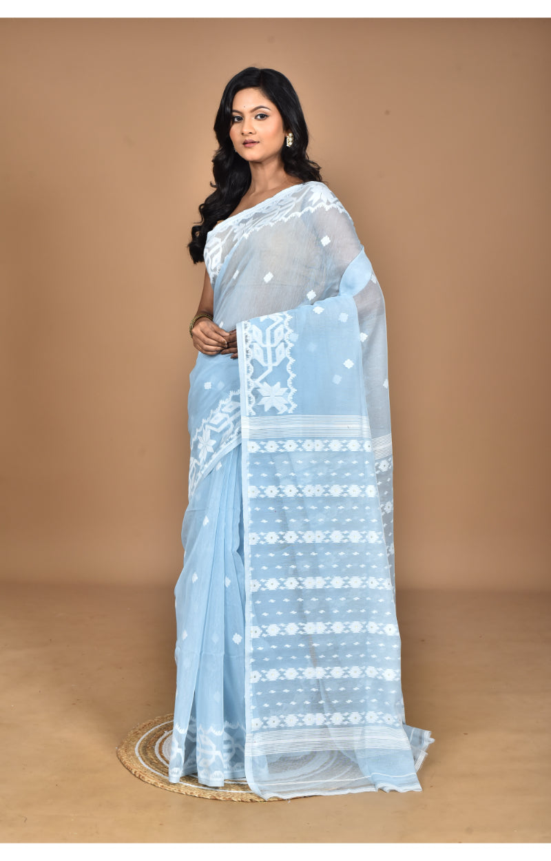 Morchari Pure Cotton Dhakai Jamdani Handloom Saree-Blue