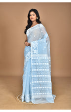 Morchari Pure Cotton Dhakai Jamdani Handloom Saree-Blue