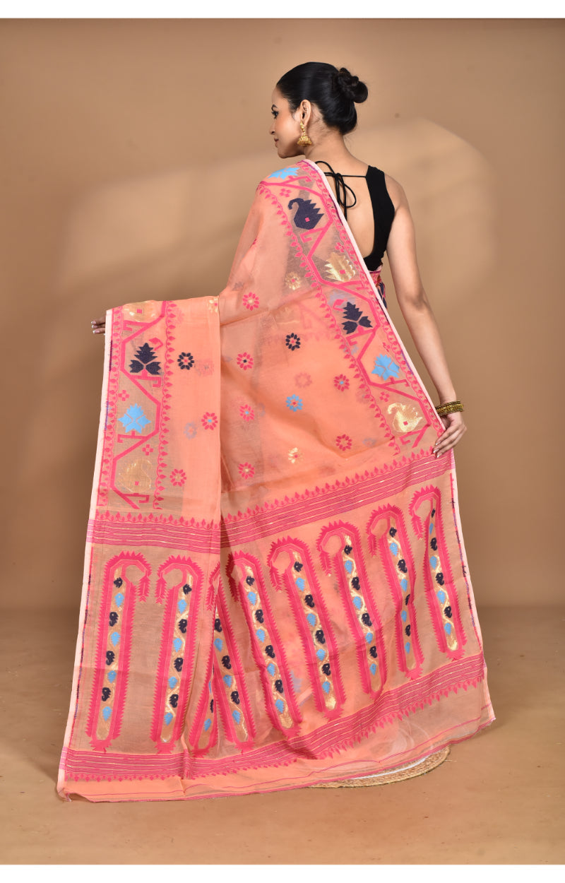Morchari Pure Cotton Dhakai Jamdani Handloom Saree-Peach