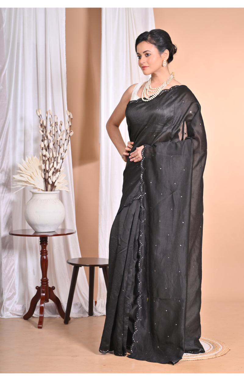 Morchari Pure Chandari Mirror Work Saree-Black