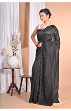 Morchari Pure Chandari Mirror Work Saree-Black