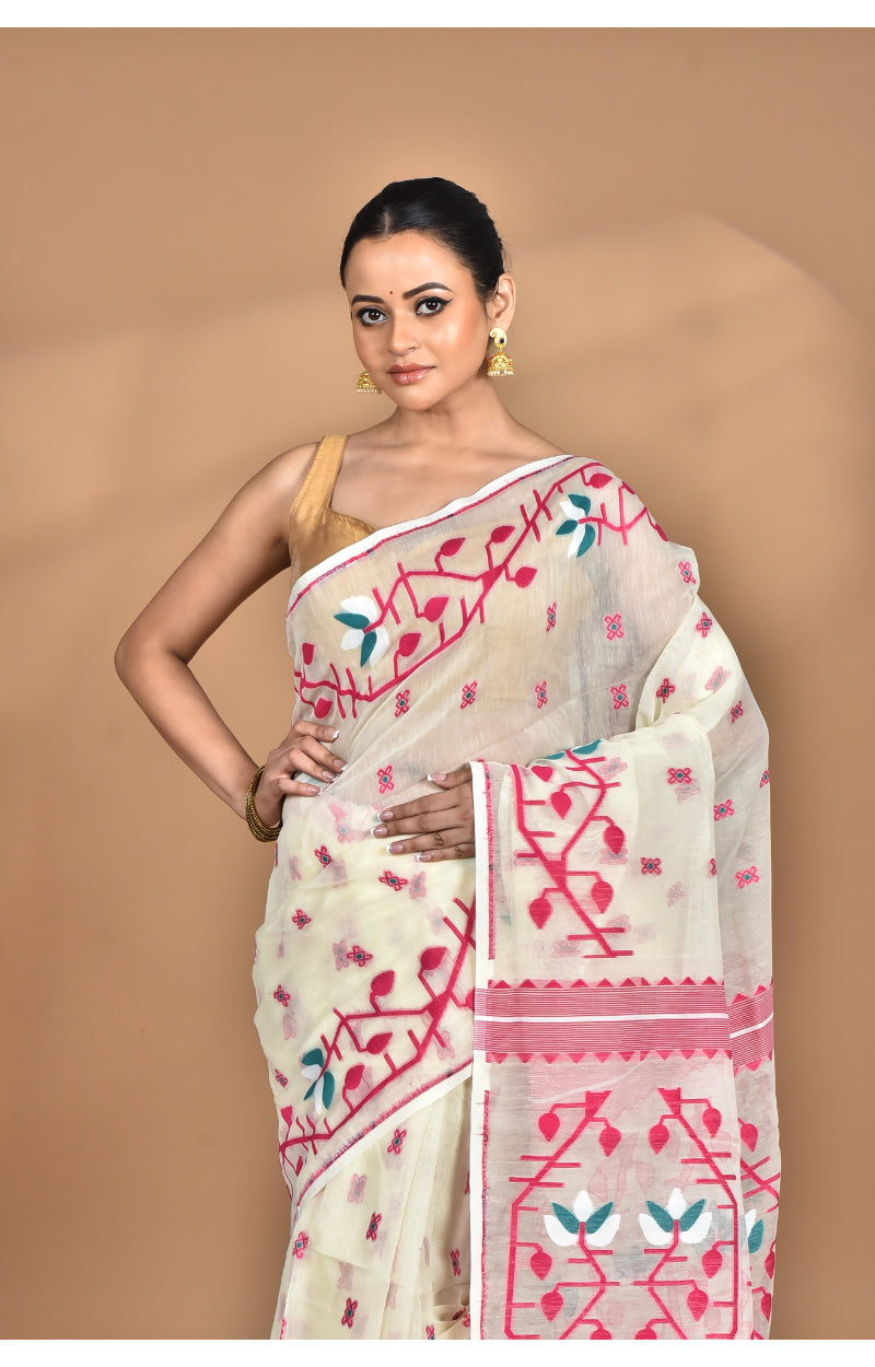 Morchari Pure Cotton Dhakai Jamdani Handloom Saree-Cream