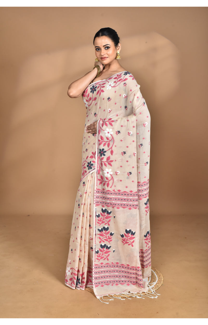 Morchari Pure Cotton Dhakai Jamdani Handloom Saree-Beige