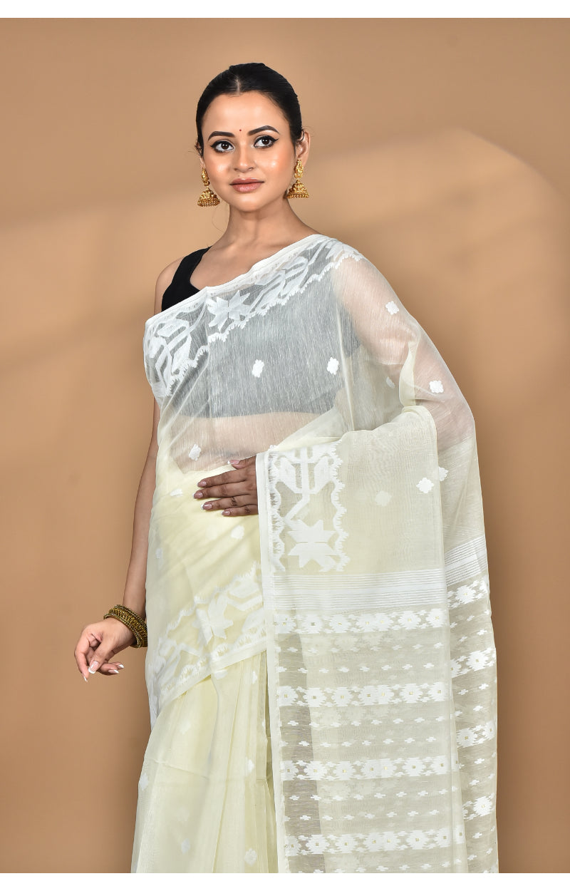 Morchari Pure Cotton Dhakai Jamdani Handloom Saree-Cream