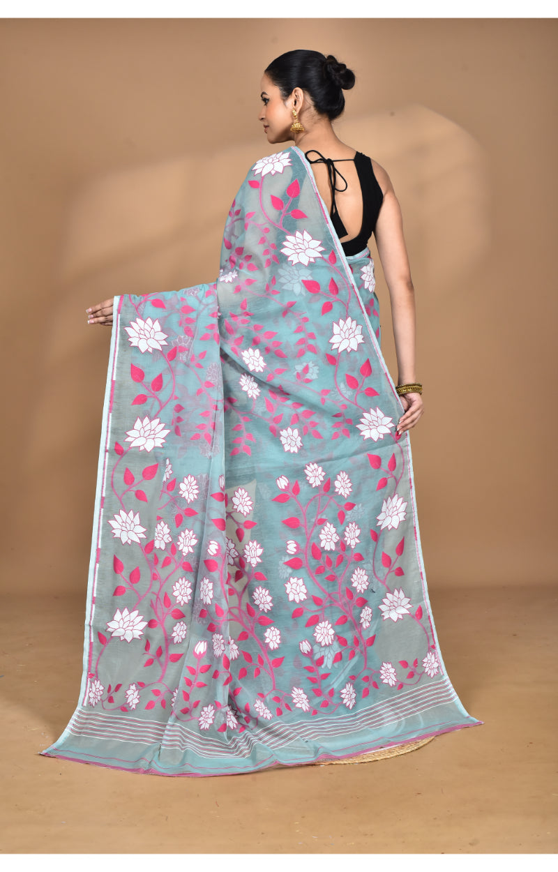 Morchari Pure Cotton Dhakai Jamdani Handloom Saree-Blue